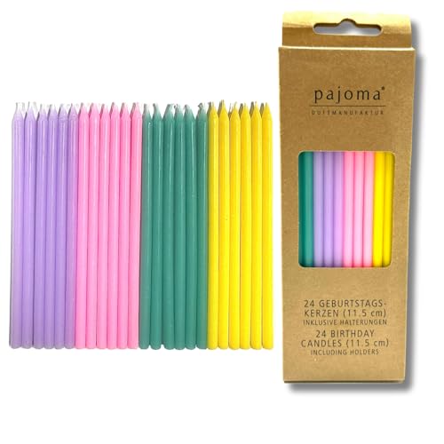 Geburtstagskerzen inkl. Plastikhalter 1x 24 Kerzen | H 11,5 x D 0,5 cm - 15 Minuten Brenndauer - Wachsgewicht à 2g | Pink, Gelb, Türkis & Lila - pajoma® von pajoma