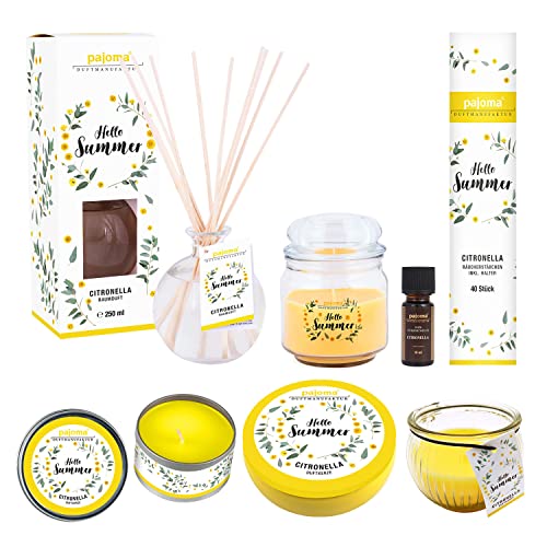 pajoma® Hello Summer Citronella Set – 7-teilig | Duftkerzen, Raumduft, Räucherstäbchen & Duftöl | Sommerduft für Garten, Terrasse & Balkon von pajoma