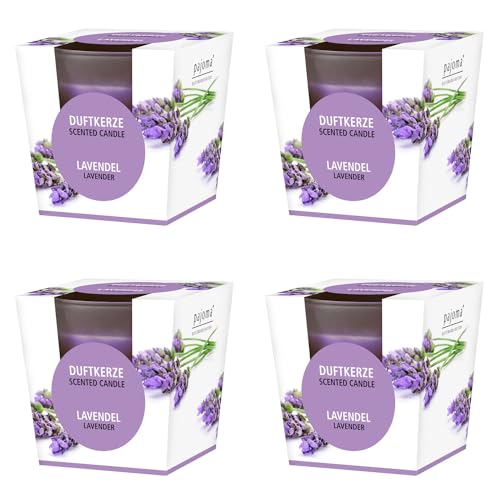 pajoma® Duftkerze 4er Set, Lavendel - im satinierten Glas | 4x 120g Wachsgewicht, Brenndauer: 25 Stunden, in edler Geschenkverpackung | Premium Qualität von pajoma