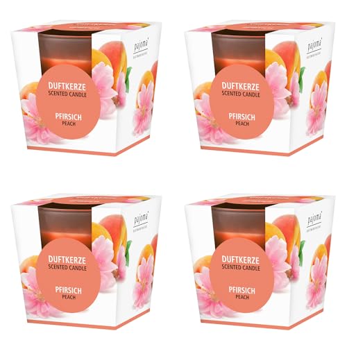 pajoma® Duftkerze 4er Set, Pfirsich - im satinierten Glas | 4x 120g Wachsgewicht, Brenndauer: 25 Stunden, in edler Geschenkverpackung | Premium Qualität von pajoma