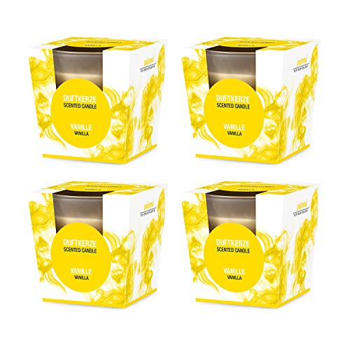 pajoma® Duftkerze 4er Set, Vanille - im satinierten Glas | 4x 120g Wachsgewicht, Brenndauer: 25 Stunden, in edler Geschenkverpackung | Premium Qualität von pajoma
