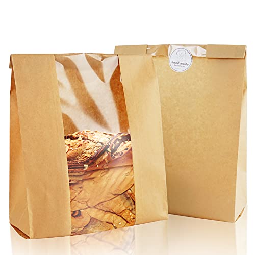 PAKIPER Kraft-Bäckertüte, Brotlaib, Papiertüte mit Fenster, 25 Stück, 35 x 21 cm, Snackbeutel, Brotbeutel, Keksbeutel, Kaffeetüte von pakiper