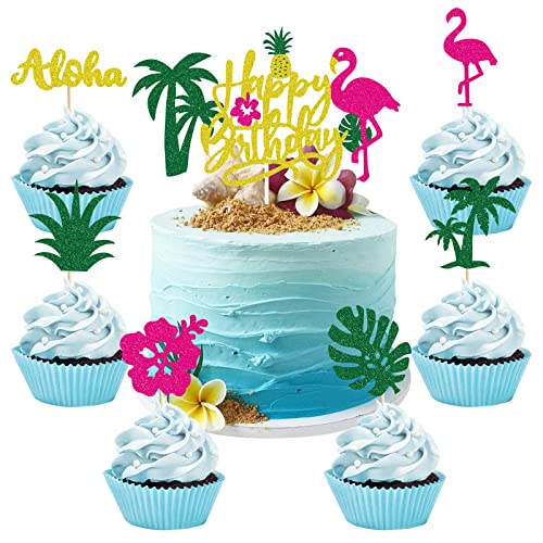 25 Stück Flamingo Tortendeko Geburtstag Happy Birthday Cake Toppers Kuchen Deko Hawaii Deko Aloha Cupcake Kuchen Geburtstag Tortenaufleger für Mädchen Jungen Kinder Geburtstag Sommer Party Dekoration von palasasa