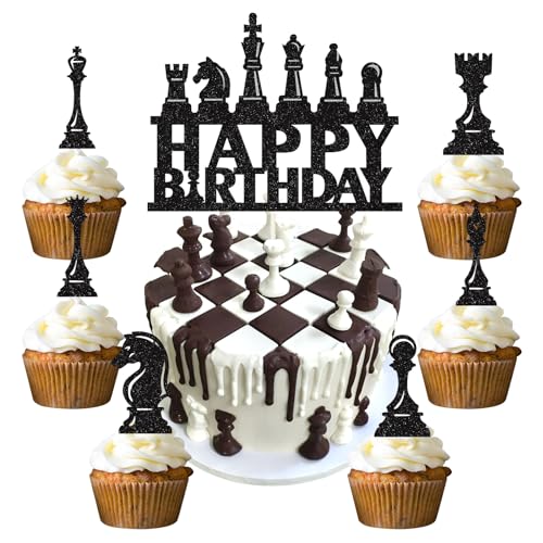 25 Stück Schach Tortendeko Chess Happy Birthday Cake Topper Schwarz Schachspielthema Kuchen Dekoration für Baby Shower Mädchen Junge Kinder Geburtstag Party Kuchen Dekorationen Supplies von palasasa