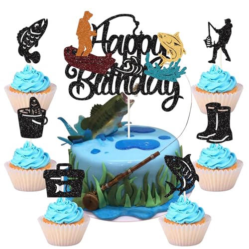 palasasa 25 Stück Tortendeko Angeln Cake Toppers Fishing Glitzer Tortendeko Fische Schwarz Happy Birthday Topper mit Angler Angelwerkzeuge Kuchen Topper für Mann Jungen Kinder Geburtstags Kuchen Deko von palasasa