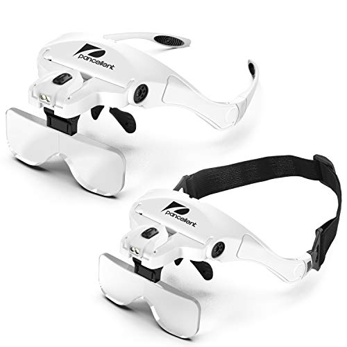 Pancellent Vergrößerungsbrille Lupenbrille mit Licht, Kopflupe Set mit 9 Teillige Präzise ESD Pinzette 5Wechselobjektive(1.0Xbis3.5X) für Lesen, Reparatur, Uhrenmachen, Nähen, Handwerk von pancellent