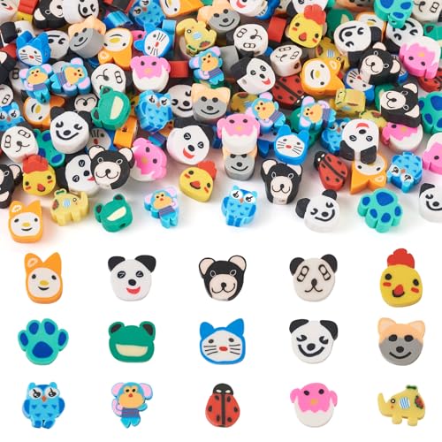 Pandahall 150 Stück handgefertigte Modelliermassen-Perlen für Katze, Hund, Kaninchen, Panda, Marienkäfer, Vogel, Frosch, lose Abstandshalter für Schmuckherstellung von pandahall