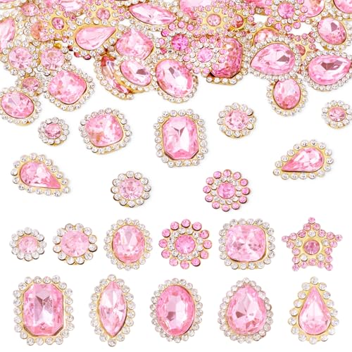 Pandahall Kristallglas-Strasssteine zum Aufnähen, verschiedene Formen, Metallsockel, flache Rückseite, Strasssteine zum Basteln, für Kleidung, Schuhe, Hüte, 100 Stück (Rose Pink) von pandahall