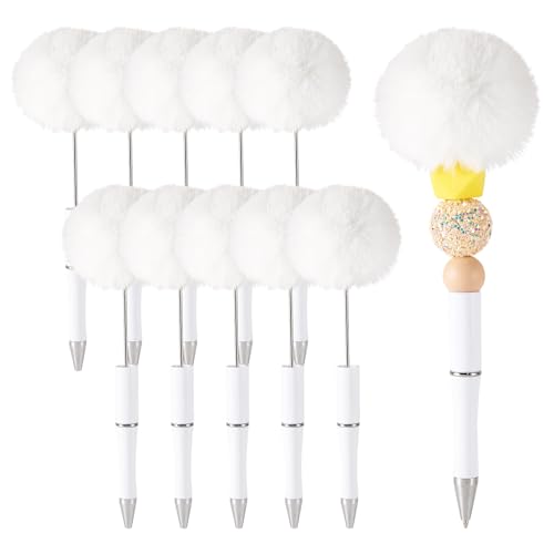 pandahall 10 flauschige Perlenstifte, weißer Kugelschreiber, Pompom-Kugelschreiber, Kunststoffperlenstift für Geschenke, Lehrer, Schule, Büro, Bastelbedarf von pandahall