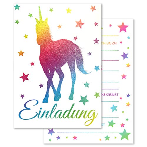 Pandawal Einladungskarten Kindergeburtstag 12 x Glitzer Einladung Einhorn für Kinder Geburtstag, Party, Kinderparty Einschulung. Ideal für Mädchen oder Junge in Regenbogen Farben mit Sterne von pandawal