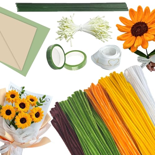 pangdapengpeng 210 Stück Sonnenblumen Blumenstrauß Pfeifenreiniger Set, Pfeifenputzer in 5 Farben mit Grünem Basteldraht, Geschenkpapier, Blumenband für DIY und Einzigartige Geschenke (Sonnenblumen) von pangdapengpeng