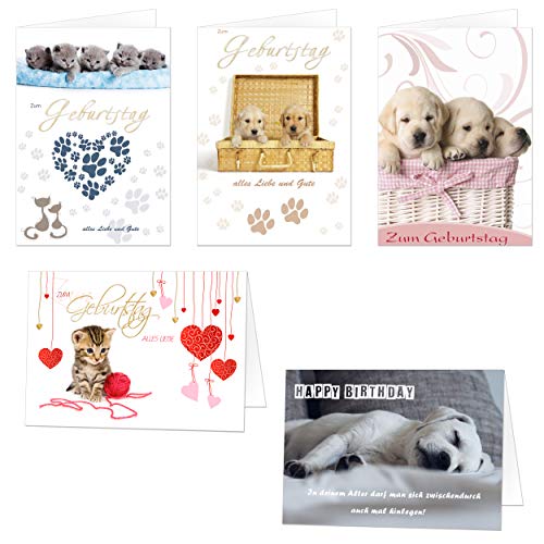 20 Geburtstagskarten im Set, Klappkarten 17x12 cm mit Umschlag, Hunde und Katzen von paperSky