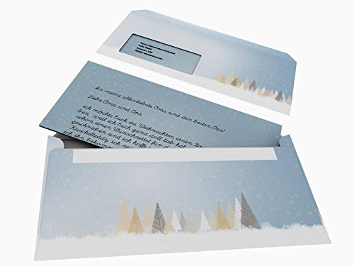 Weihnachtsbriefpapier Set | Winterlicher Märchenwald | 20 Blatt weihnachtliches Motivpapier A4 | 20 Briefumschläge MIT Sichtfenster links im DIN LANG-Format von paperandpicture.de