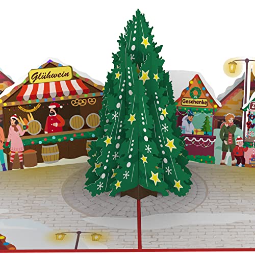 papercrush® Pop-Up Karte Weihnachten Weihnachtsmarkt - 3D Weihnachtskarte mit Tannenbaum und Glühwein Stand für Mitarbeiter & Kollegen, Popup Klappkarte mit Weihnachtsbaum für Kinder, Frauen & Männer von papercrush