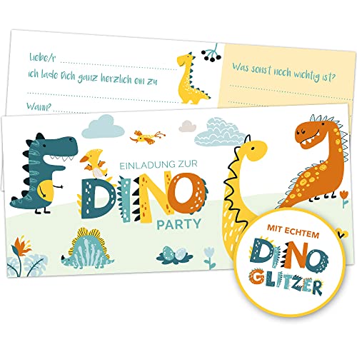 paperii 10er Set Einladungskarten Dino mit Glitzer zum Geburtstag Kinder Mädchen Jungen Kindergeburtstag Einladung Dinogeburtstag Dinoparty Kita Kindergarten Schule von paperii