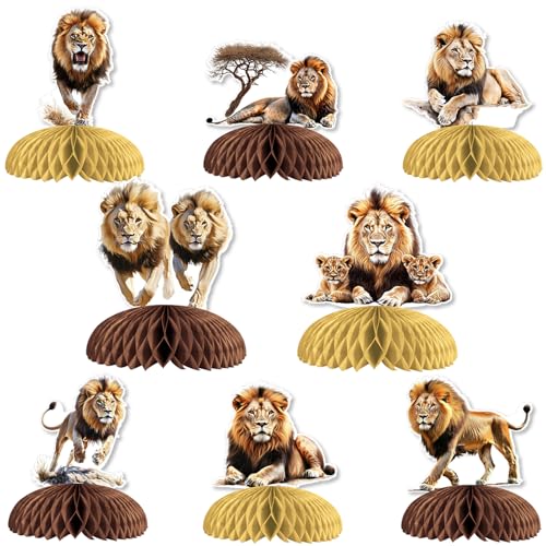 8 x Löwen-Waben-Mittelstücke, Löwen-Party-Dekorationen, lebensechte Löwen-Tischaufsätze, Dschungeltier-Tischdekorationen für Jungen, Safari-Thema, Geburtstagsparty, Babyparty-Zubehör von partiqla