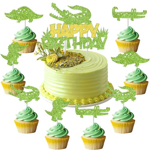 Alligator-Kuchenaufsatz-Set, 25-teilig, glitzernde Krokodil-Happy Birthday-Kuchenaufsätze und Alligator-Cupcake-Topper für Krokodil-Thema, Geburtstagsparty, Kuchendekorationen von partiqla