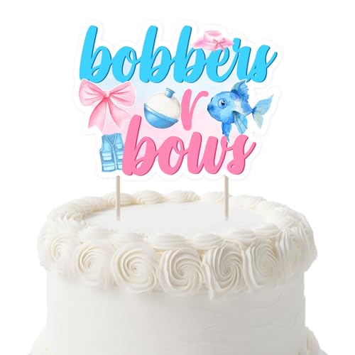 Bobbers or Bows Gender Reveal Dekorationen, Angeln und Schleife, Tortenaufsatz, rosa Schleife, blau, Bobber Kuchendekorationen für Jungen oder Mädchen, Geschlecht offenbaren, Party, Babyparty, Zubehör von partiqla