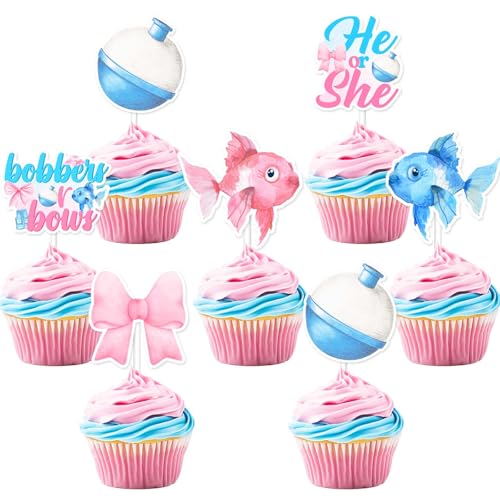 Cupcake-Aufsätze, Bobber oder Schleifen, Cupcake-Aufsätze, Dekoration für Köder oder Schleifen, Cupcake-Picks, rosa Schleife, blau, Angel-Bobber, He or She Kuchendekorationen für von partiqla