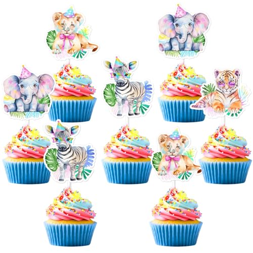 Cupcake-Topper mit Dschungeltieren, Safari-Party-Dekorationen, Dschungelblätter, Wildtier-Cupcake-Picks, Tiger, Elefant, Löwe, Zebra, Kuchendekorationen für Kindergeburtstag, Party, Babyparty, Zubehör von partiqla