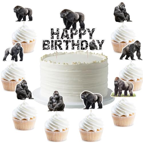 Gorilla-Kuchenaufsätze, 25 Stück, Gorilla-Happy Birthday-Kuchen- und Cupcake-Topper, Safari-Dschungeltier-Affen-Party-Kuchendekorationen für Jungen und Mädchen, Geburtstagsparty-Zubehör von partiqla