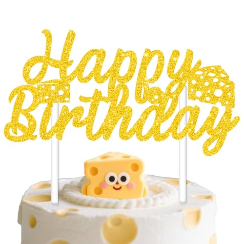 Käse-Party-Dekorationen, Käse-Kuchenaufsatz, goldfarben, glitzernd, Happy Birthday-Kuchenspieße, Milchkuchendekoration für Makkaroni und Käse, Geburtstagsparty-Zubehör von partiqla