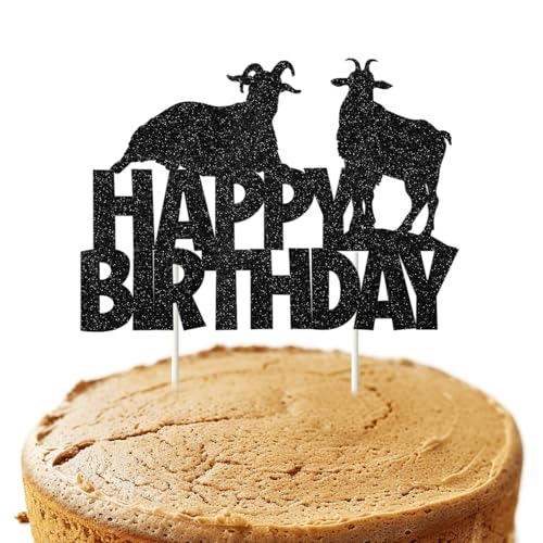 Tortenaufsatz mit Ziegenmotiv, schwarzer Glitzer, "Happy Birthday", Schaf, Kuchendekoration, Tier-Kuchendekorationen für Kinder und Erwachsene, Geburtstagsparty-Zubehör von partiqla