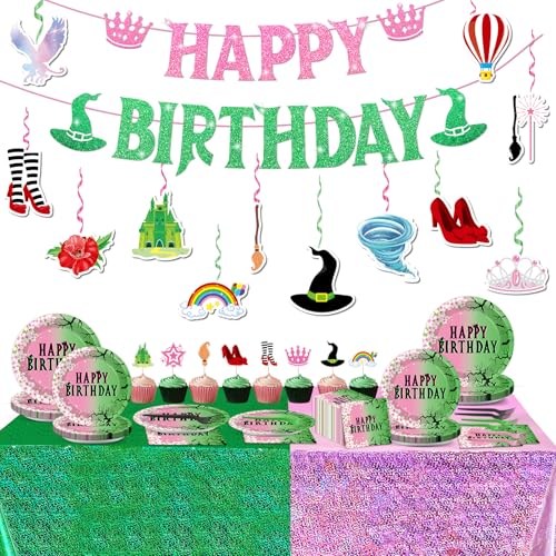 126 Stück Hexe Prinzessin Party Dekorationen Rosa und Grün Thema Geschirr Set Filmthema Pappteller Servietten Hintergrund Tischdecke Banner Kuchen Topper Hängende Wirbel für Kinder Baby Shower von party greeting