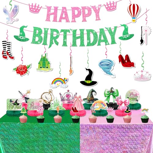 50 Stück Hexen-Prinzessinnen-Themenparty-Dekorationen, rosa und grün, Themen-Geschirr-Set, verändert für gute Party-Dekorationen, Hintergrund, Tischdecke, Banner, Kuchendekoration, hängende Wirbel für von party greeting
