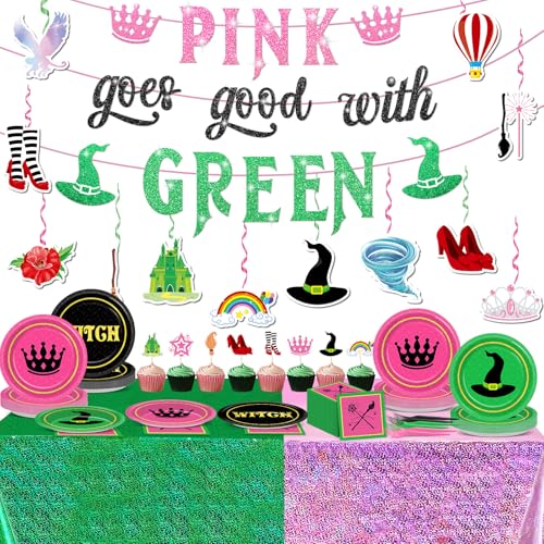 98-teiliges Geschirr-Set mit Hexenprinzessin-Party-Dekorationen, rosa und grün, Pappteller, Servietten, Hintergrund, Tischdecke, Banner, Tortenaufsatz, hängende Wirbel für Kinder, Babyparty-Zubehör von party greeting