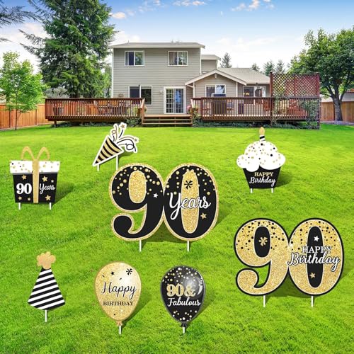 Happy 90th Birthday Party Hofschild Set mit 8 Stück Schwarz Gold 90 Geburtstag Hofschilder Geburtstagsschild mit Pfahl und Outdoor Rasen Dekorationen Happy 90th Birthday Party Hofschild Set mit 8 Stück Schwarz Gold 90 Geburtstag Hofschilder Geburtstagsschild mit Pfahl und Outdoor Rasen Dekorationen von party greeting