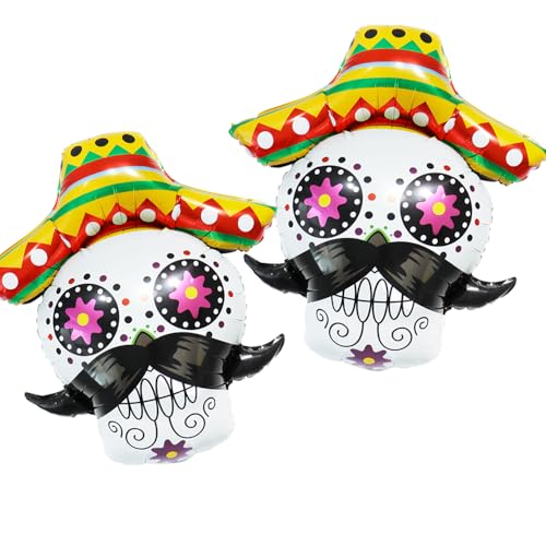 2 Stück Tag der Toten Totenkopf Luftballons mit Sombrero und Schnurrbart, Mexikanische Fiesta Folienballons für Cinco de Mayo, Dia de los Muertos, Halloween Party Dekorationen von partyshinydiao