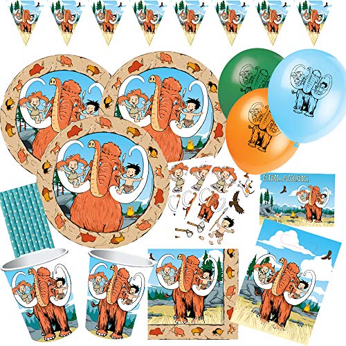 72-teiliges Party-Set Steinzeit - Teller Becher Servietten Wimpelkette Partytüten Einladungen Luftballons Tattoos Trinkhalme für 8 Kinder von partystrolche/spielum