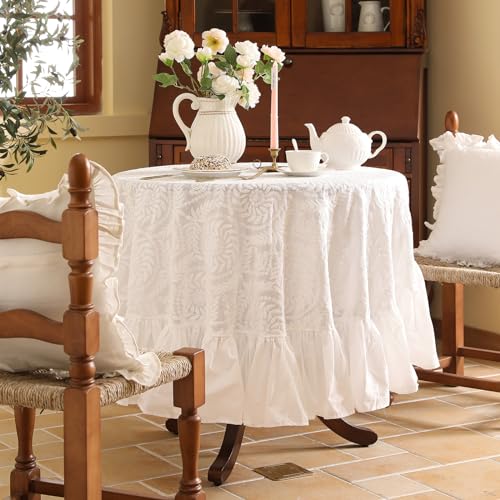 patdrea Vintage-Rüschentischdecke für runde Tische, Bauernhaus, bestickt, Baumwolle, weiße Spitze, Dekoration für Esszimmer, Hochzeit, Bankett, Erntedankfest, Weihnachten, Durchmesser: 150 cm patdrea Vintage-Rüschentischdecke für runde Tische, Bauernhaus, bestickt, Baumwolle, weiße Spitze, Dekoration für Esszimmer, Hochzeit, Bankett, Erntedankfest, Weihnachten, Durchmesser: 150 cm von patdrea