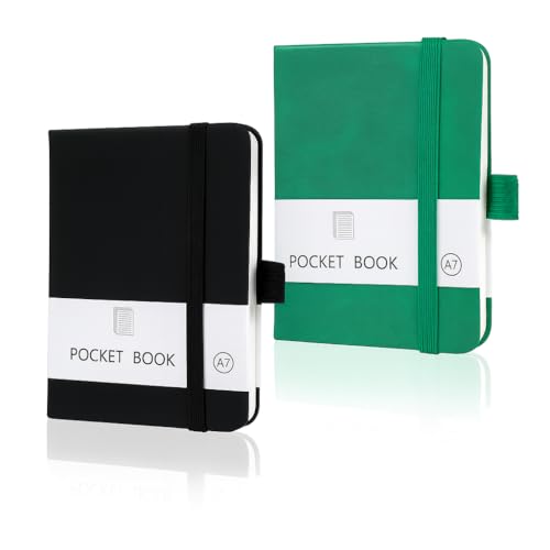 pawpoem 2 Stück A7 Notizbuch Notizblock Kleines Notizbuch mit Gummizugverschluss, 200 Seiten, Softcover Notizblock, Kleine Notizbücher für Schule, Arbeit, Büro oder Reisen (Schwarz & Grün) von pawpoem