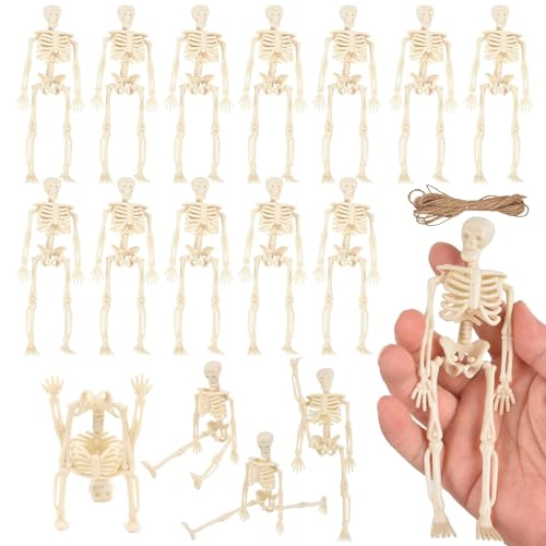 pclapora 12 Stück Halloween Skelett Deko Mini, 14cm Halloween Deko Skelett, Skeleton Dekoration mit 12 Hanfseil, für Gruselige Hausdeko, Geisterhaus Dekorationen und Partygeschenke von pclapora