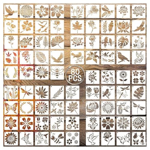 pclapora 80 Stück Schablonen Set, Blumenschablonen zum Malen, Blume Blätter Vogel Zeichnung Malschablonen DIY Schablonen, Wiederverwendbare Malvorlagen Kits, für Holz,Boden,Scrapbooking Handwerk Deko von pclapora