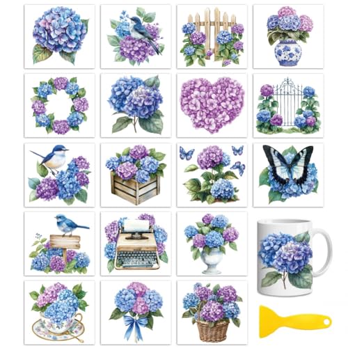 Peacoblue 18 Blatt Abreibebilder für Bastelarbeiten, UV-DTF-Tassenfolie, wasserdichte Kalttransfers (Hortensie) von peacoblue