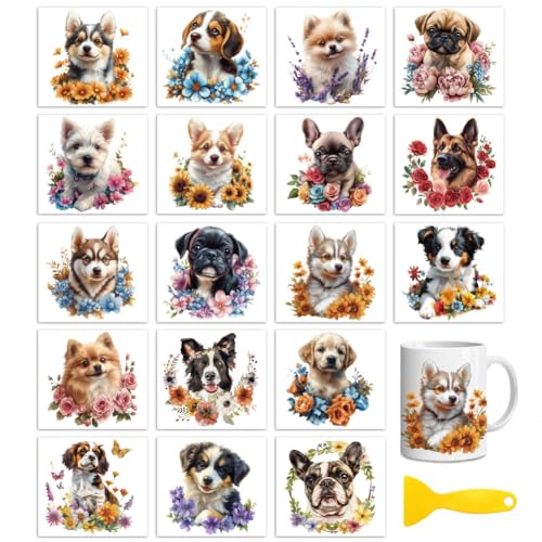 Peacoblue 18 Blatt Abreibebilder für Bastelarbeiten, UV-DTF-Tassenfolie, wasserdichte Kalttransfers (Hund und Blumen) von peacoblue