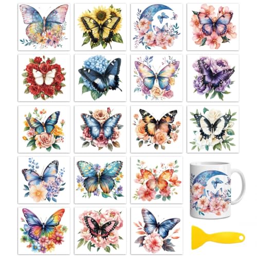 Peacoblue 18 Blatt Abreibebilder für Bastelarbeiten, UV-DTF-Tassenfolie, wasserdichte Kalttransfers (Schmetterling und Blume) von peacoblue