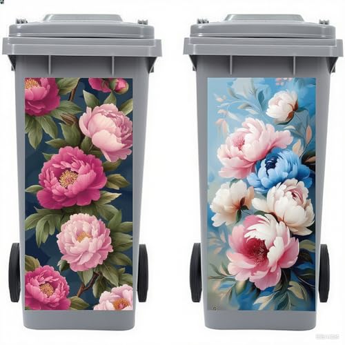 Peacoblue 2 Stück Mülltonnenaufkleber 38x82cm Pfingstrosen und Blätter Mülltonnen Aufkleber Wetterfest Groß Mülltonnen Sticker Draußen Für Auffahrt, Garten, Außen- und Innendekoration von peacoblue