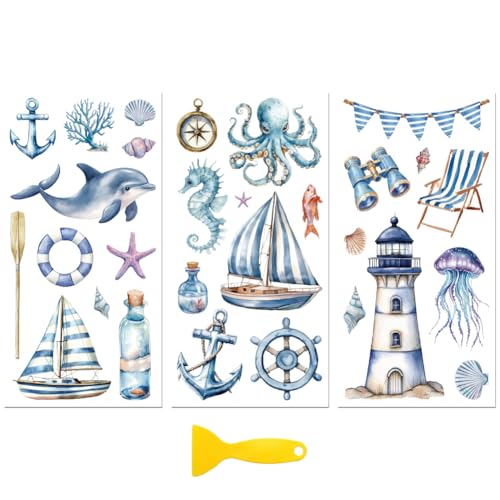 Peacoblue Aufkleber für Möbel 3Pcs Buntes nautisches Element 15cmx30cm, UV DTF Wasserdichter Japanischer Möbelfolie-Transfer für Kommoden, Glas, Porzellan, Holz, Kunststoff Peacoblue Aufkleber für Möbel 3Pcs Buntes nautisches Element 15cmx30cm, UV DTF Wasserdichter Japanischer Möbelfolie-Transfer für Kommoden, Glas, Porzellan, Holz, Kunststoff von peacoblue