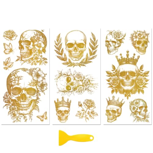 Peacoblue Aufkleber für Möbel 3Pcs Goldener Totenkopf und Blumen n 15cmx30cm, UV DTF Wasserdichter Japanischer Möbelfolie-Transfer für Kommoden, Glas, Porzellan, Holz, Kunststoff Peacoblue Aufkleber für Möbel 3Pcs Goldener Totenkopf und Blumen n 15cmx30cm, UV DTF Wasserdichter Japanischer Möbelfolie-Transfer für Kommoden, Glas, Porzellan, Holz, Kunststoff von peacoblue