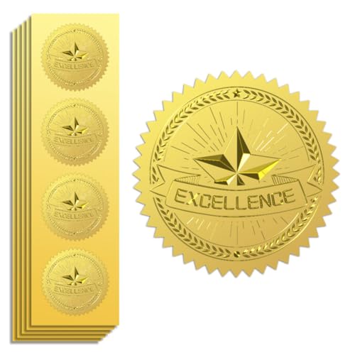 Peacoblue Gold Stickers Offizielle geprägte Exzellenz-Kränze, 5 cm, 100 Stück, selbstklebende Goldfolien-Aufkleber für Zertifikatpapier, Studentenbelohnung, Auszeichnungen, Umschlagsiegel von peacoblue