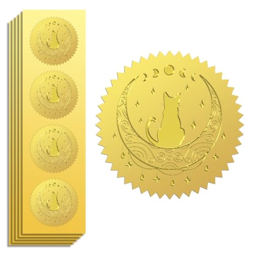 Peacoblue Goldfolie Aufkleber Siegel Offiziell Geprägt Mond und Katzes 5cm 100 Stück, Selbstklebend Gold Umrandung Geprägtes Medaillen-Siegel für Zertifikatspapier, Schülerbelohnung, Auszeichnung von peacoblue