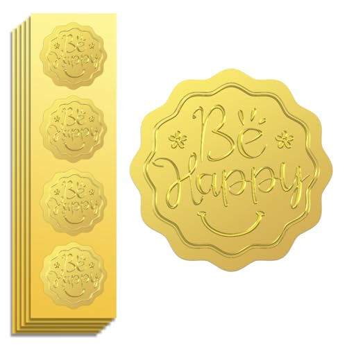 Peacoblue Goldfolien-Siegelaufkleber mit geprägtem "Sei glücklich" 5 cm 100 Stück, selbstklebende goldene Prägeetiketten Peacoblue Goldfolien-Siegelaufkleber mit geprägtem "Sei glücklich" 5 cm 100 Stück, selbstklebende goldene Prägeetiketten von peacoblue