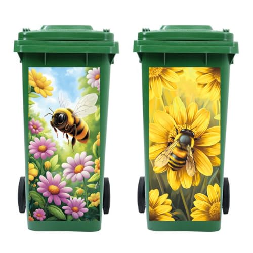 Peacoblue 2 Stück Mülltonnenaufkleber 38x82cm Bienen und blumen Mülltonnen Aufkleber Wetterfest Groß Mülltonnen Sticker Draußen Für Auffahrt, Garten, Außen- und Innendekoration von peacoblue