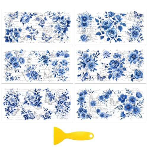 Peacoblue Rub-On Transfer-Aufkleber für Möbel Basteldekoration 15x30cm Blaue Blüten mit vollem Hintergrund, 6Stk. Wasserfeste UV DTF Transfers für Schubladen Kommode Glas Porzellan Holz Kunststoff von peacoblue