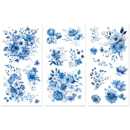 Peacoblue UV DTF Rub-On Transferfolie Möbel-Sticker Blaue Blumen Muster 15x30cm, 3 Stk. Wasserfeste Deko-Transferaufkleber für Möbel Glas Gläser Porzellan Wäscheschränke Kommoden Holz Kunststoff von peacoblue