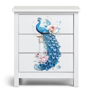 Peacoblue UV DTF Rub-On Transferfolie Möbel-Sticker Blauer Pfau und Blumen Muster 15x30cm, 3 Stk. Wasserfeste Deko-Transferaufkleber für Möbel Gläser Porzellan Wäscheschränke Kommoden Holz Kunststoff von peacoblue